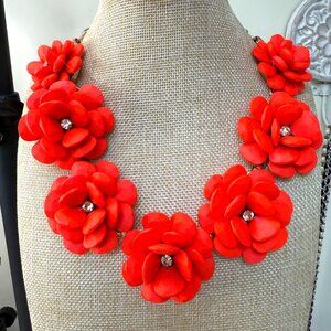 J. Crew Maximal Red Floral Statement Necklace With Rhinestone Accents